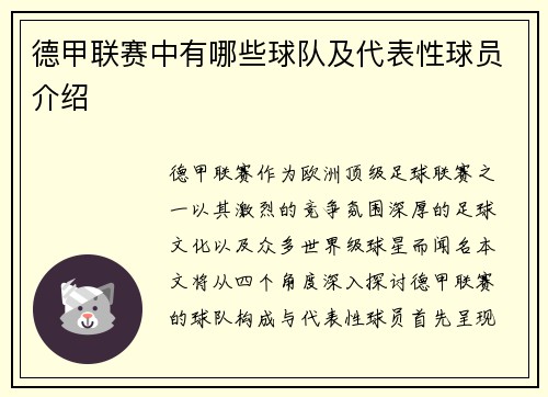 德甲联赛中有哪些球队及代表性球员介绍
